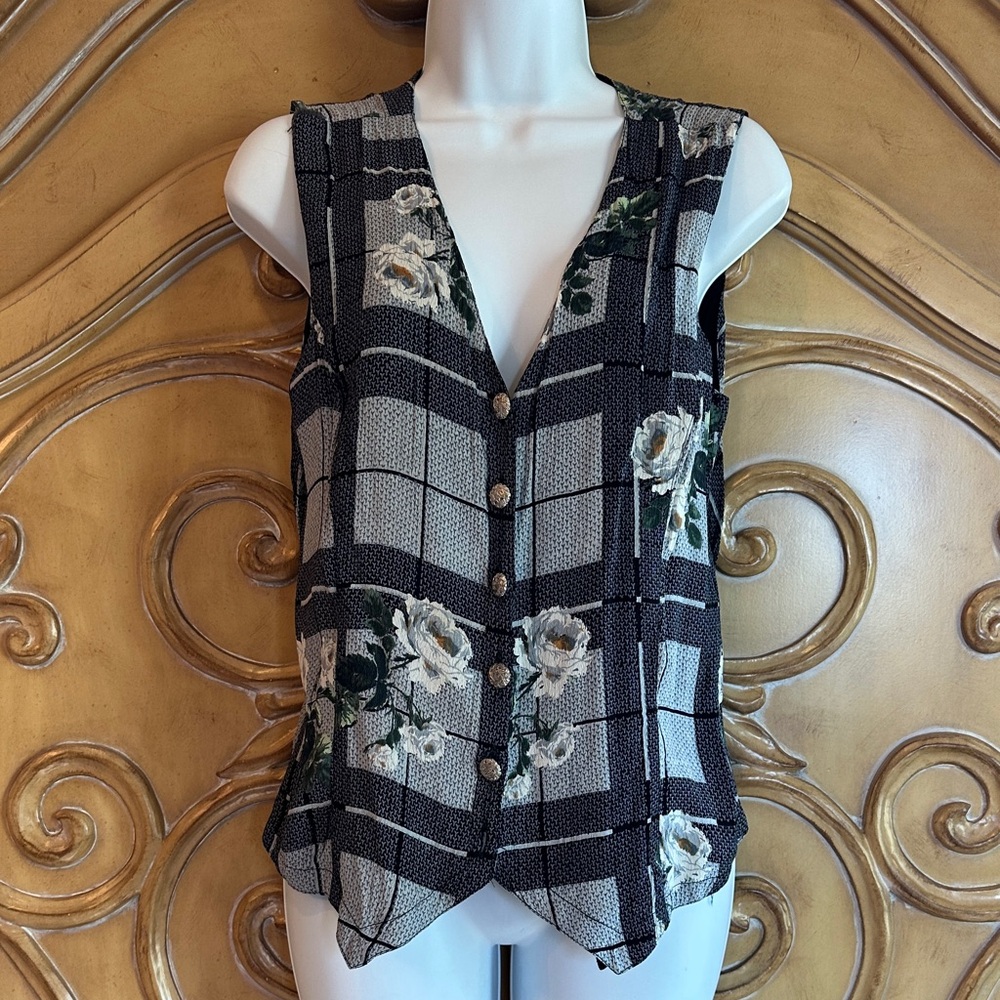 Sleeveless Navy Plaid Floral Button-Front Vest
